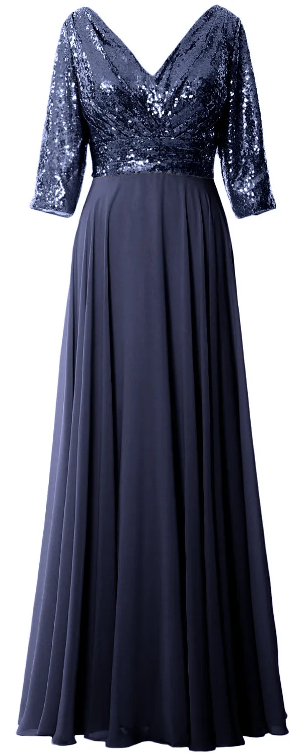 MACloth Women Long Sleeve V Neck Long Sequin Mother of Bride Dresses Maxi Gown