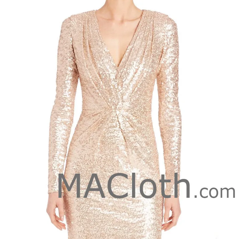 MACloth Women Long Sleeves V Neck Sequin Evening Gown Rose Gold Mother of the Brides Dress