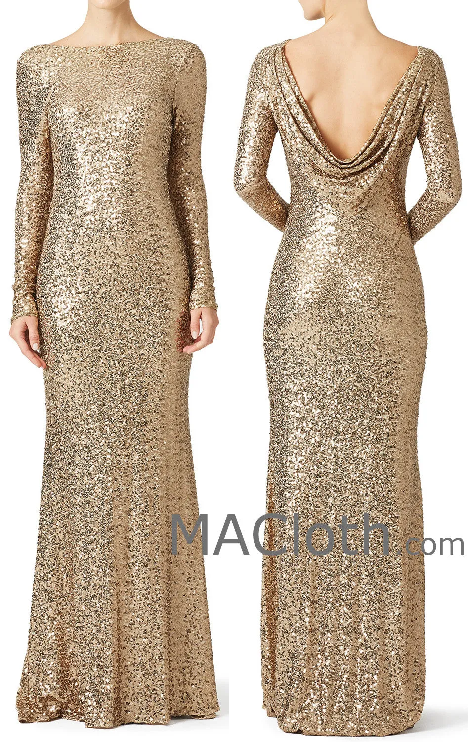 MACloth Women Mermaid Long Sleeves Sequin Evening Dress Formal Gown With Cowlback