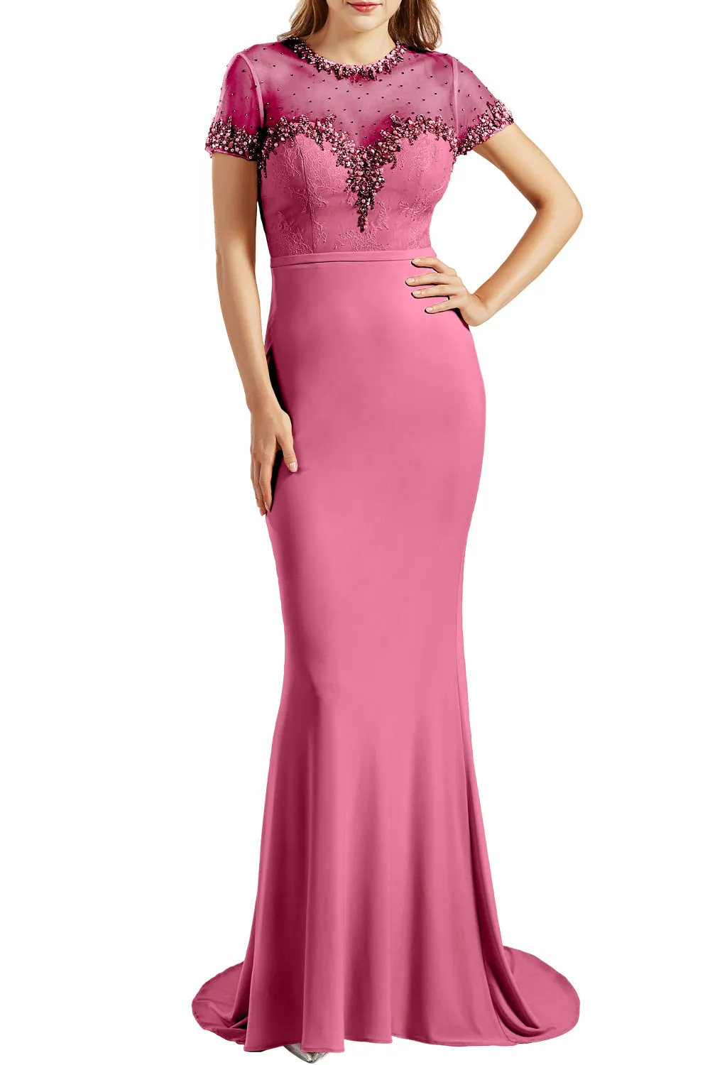 MACloth Women Short Sleeves Mermaid Prom Dresses Jersey Formal Evening Gowns
