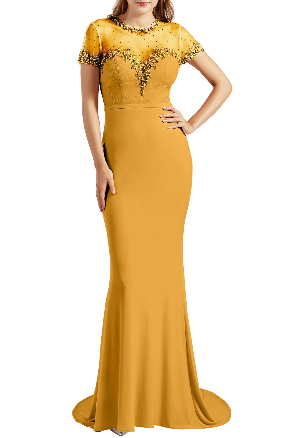 MACloth Women Short Sleeves Mermaid Prom Dresses Jersey Formal Evening Gowns
