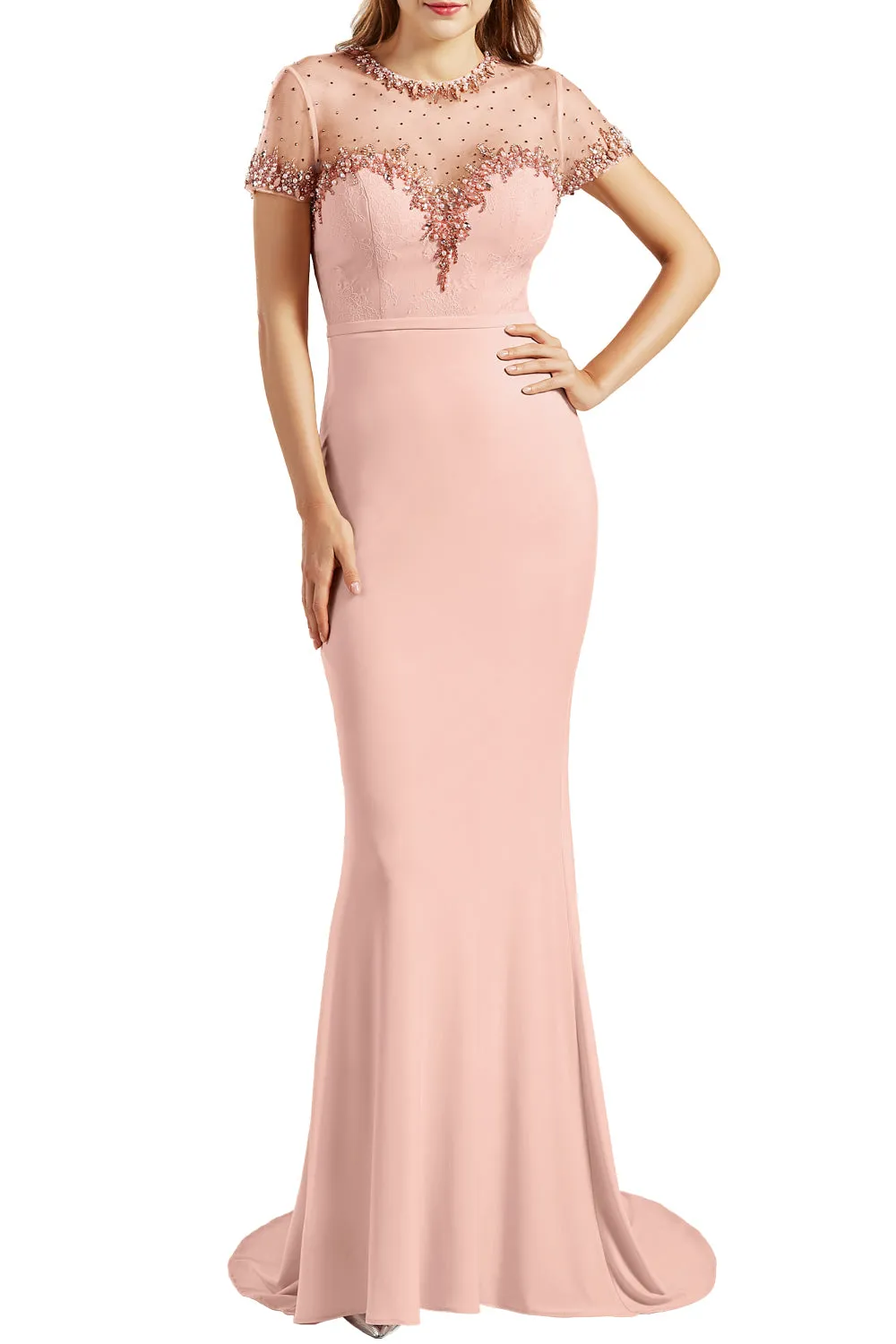MACloth Women Short Sleeves Mermaid Prom Dresses Jersey Formal Evening Gowns