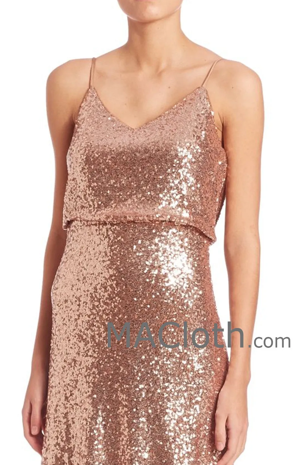 MACloth Women Spaghetti Straps Sequin Rose Gold Long Bridesmaid Dress Evening formal Gown