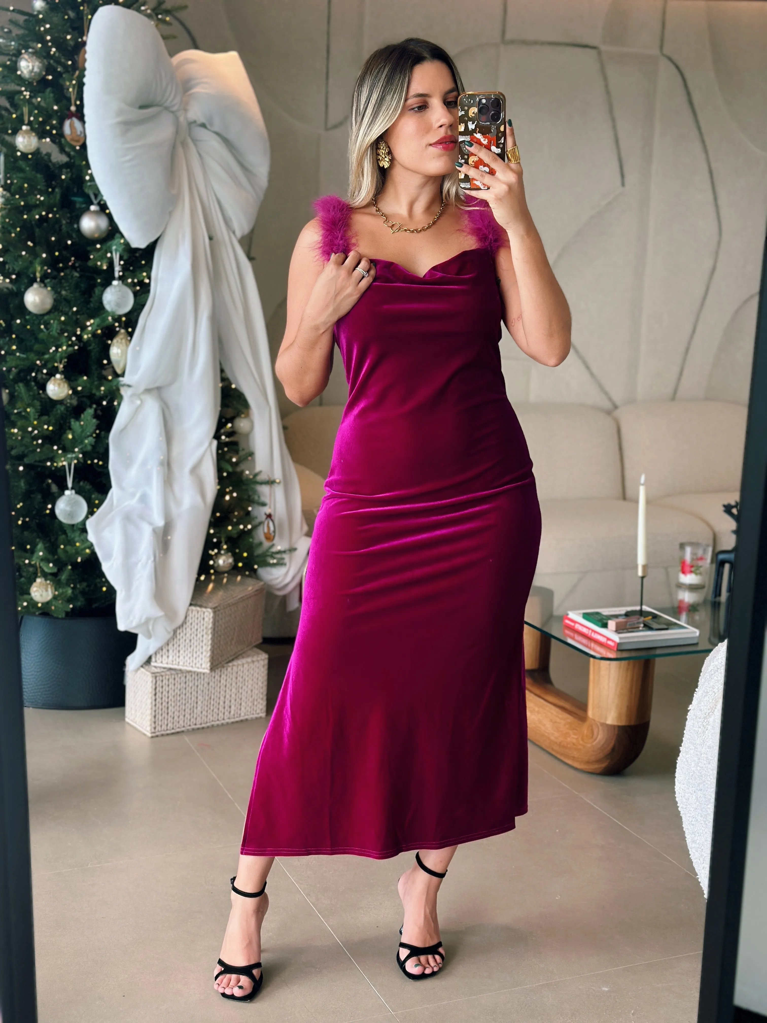Magenta Feather Velvet Dress
