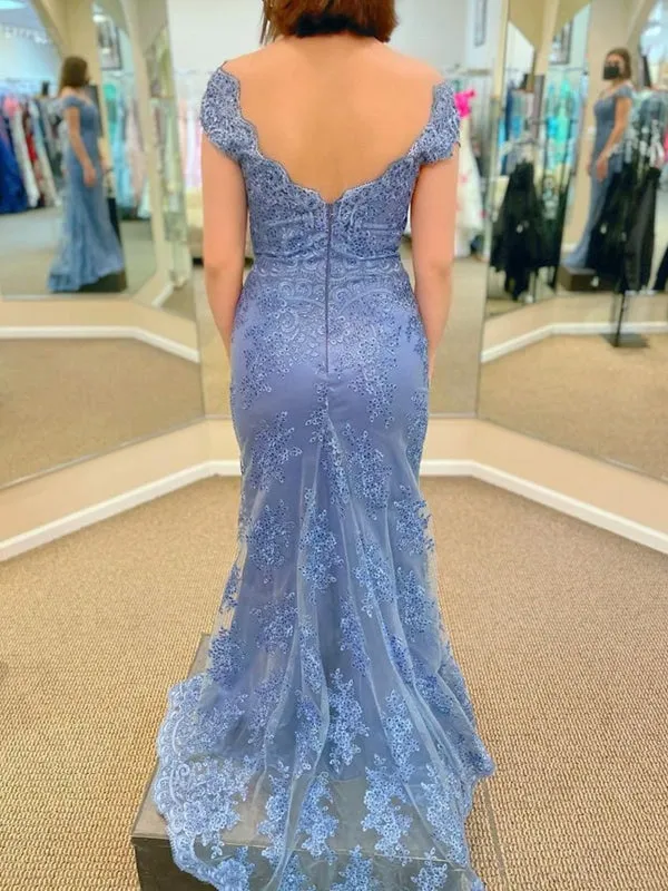 Mermaid Off Shoulder Beaded Blue Lace Long Prom Dresses, Mermaid Blue Formal Dresses, Blue Lace Evening Dresses