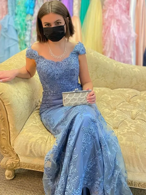 Mermaid Off Shoulder Beaded Blue Lace Long Prom Dresses, Mermaid Blue Formal Dresses, Blue Lace Evening Dresses