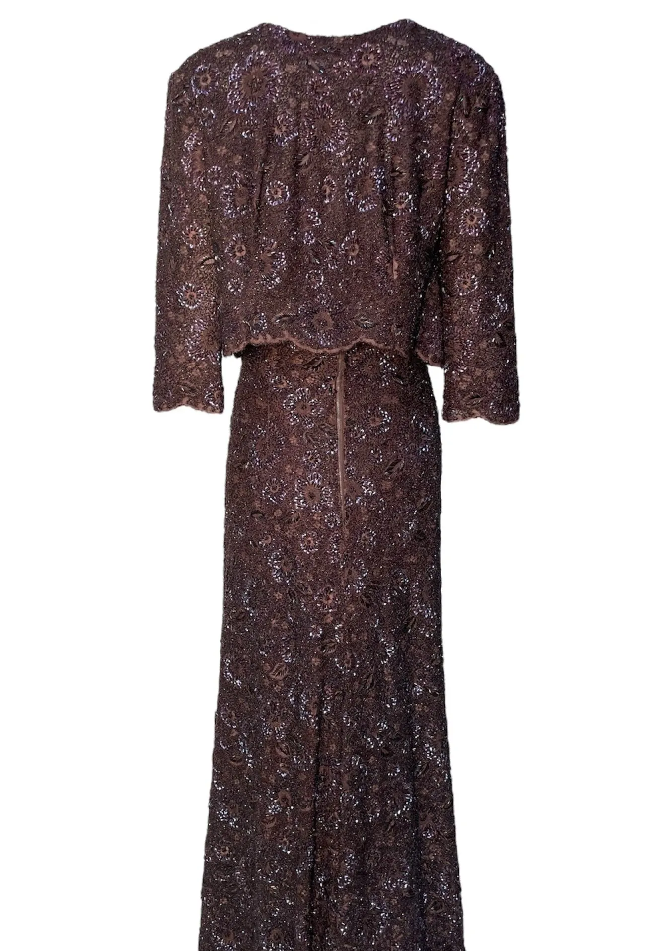 Mingolini Guggenheim 1950's Italian Couture Brown Solid Beaded and Embroidered Gown   Jacket