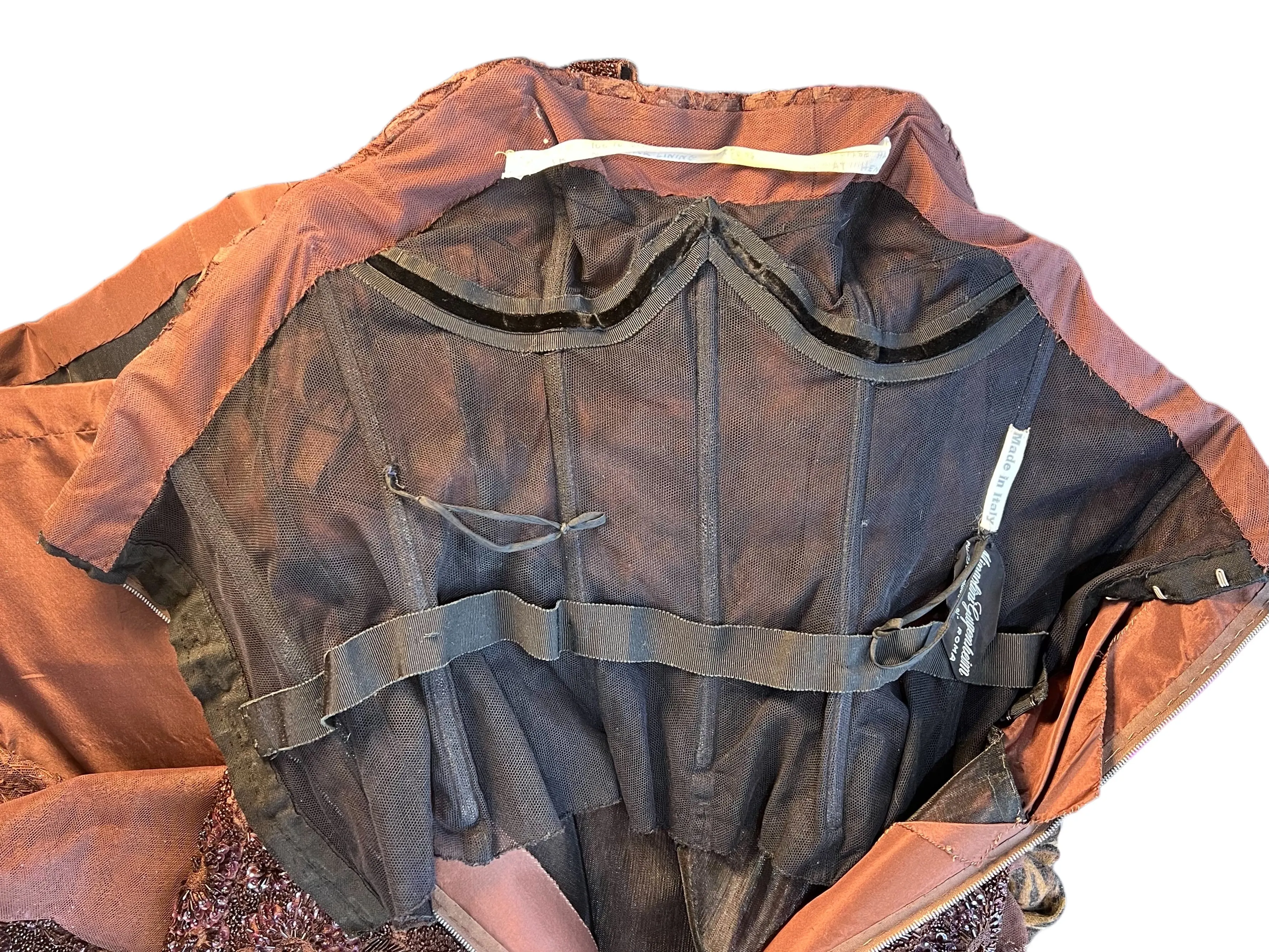 Mingolini Guggenheim 1950's Italian Couture Brown Solid Beaded and Embroidered Gown   Jacket