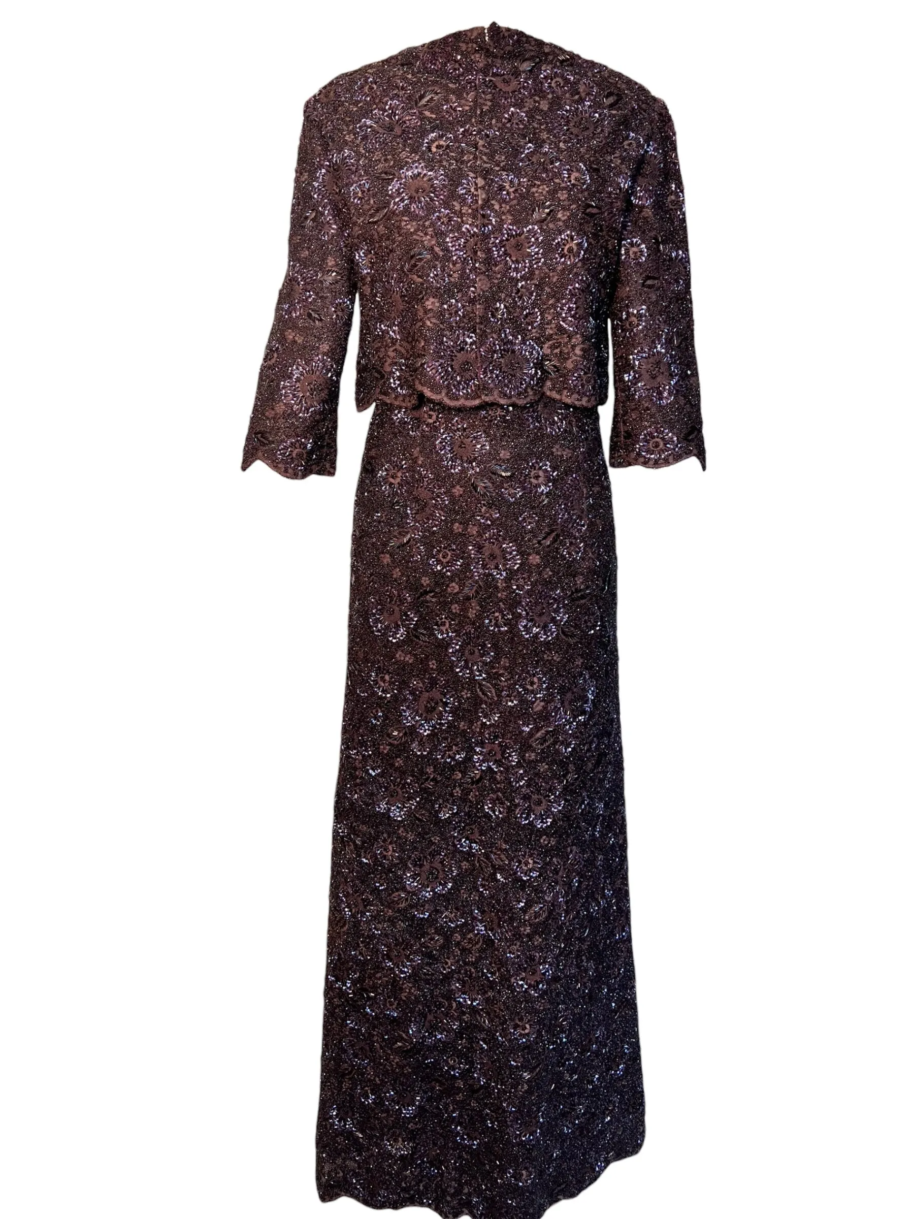 Mingolini Guggenheim 1950's Italian Couture Brown Solid Beaded and Embroidered Gown   Jacket