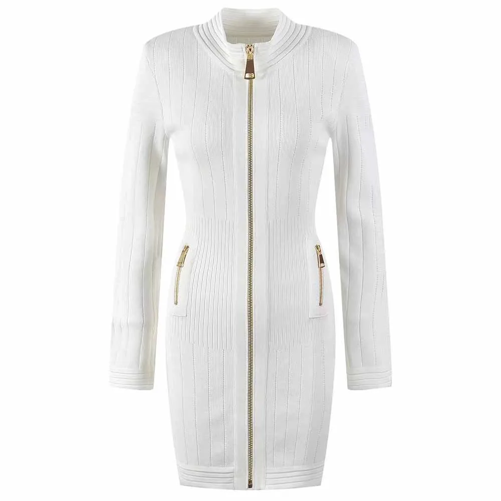 Mini Dress Ladies Long Sleeve Knitted Dress with Zips