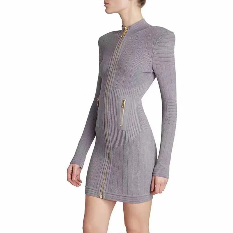 Mini Dress Ladies Long Sleeve Knitted Dress with Zips