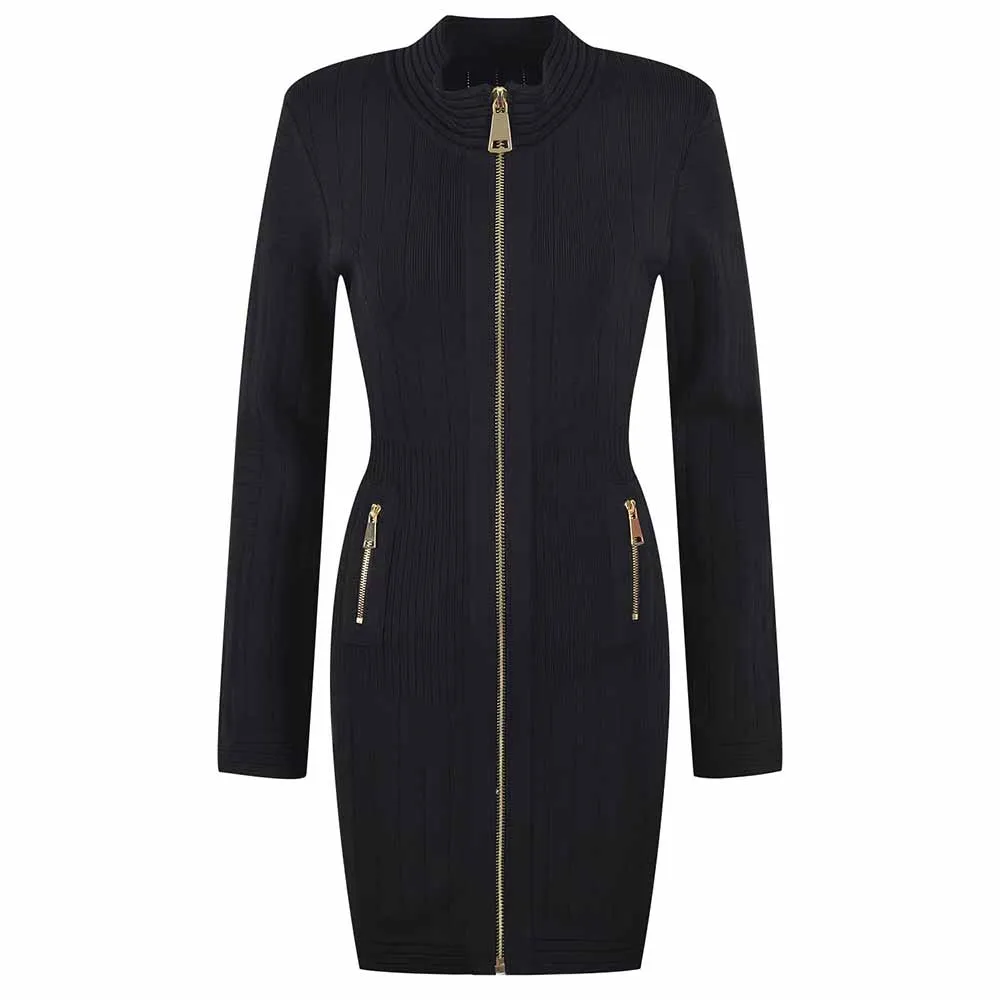 Mini Dress Ladies Long Sleeve Knitted Dress with Zips
