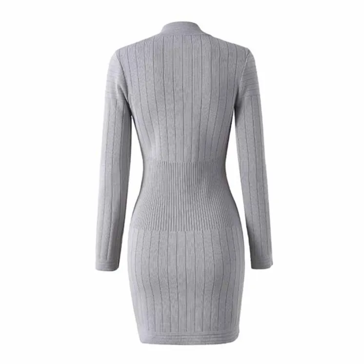 Mini Dress Ladies Long Sleeve Knitted Dress with Zips