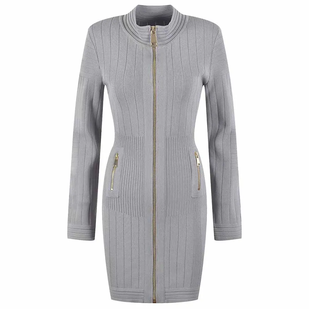 Mini Dress Ladies Long Sleeve Knitted Dress with Zips