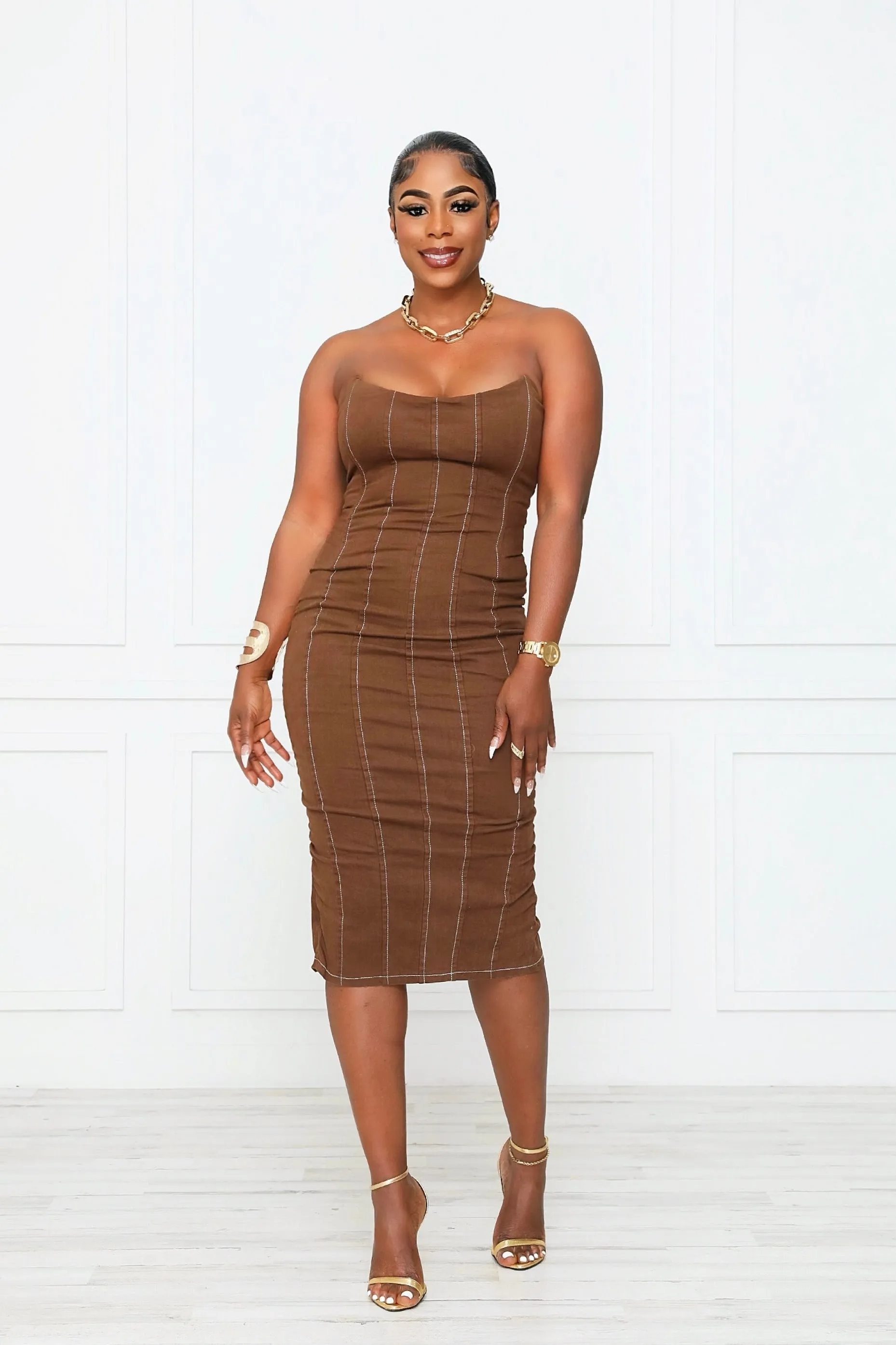 MISS THANG STRAPLESS CORSET MIDI DRESS