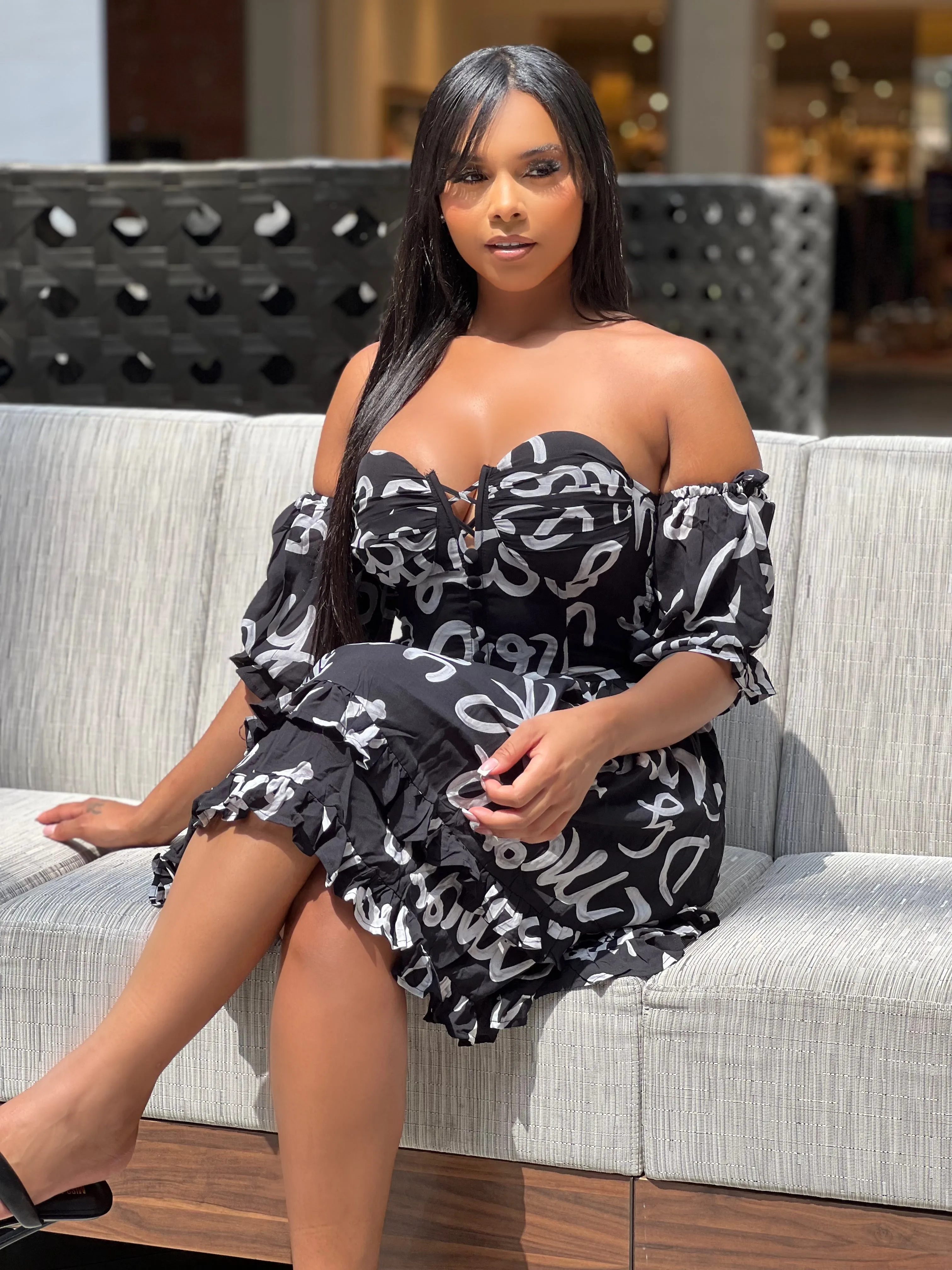 MM23078P - Off Shoulder Frill Dress