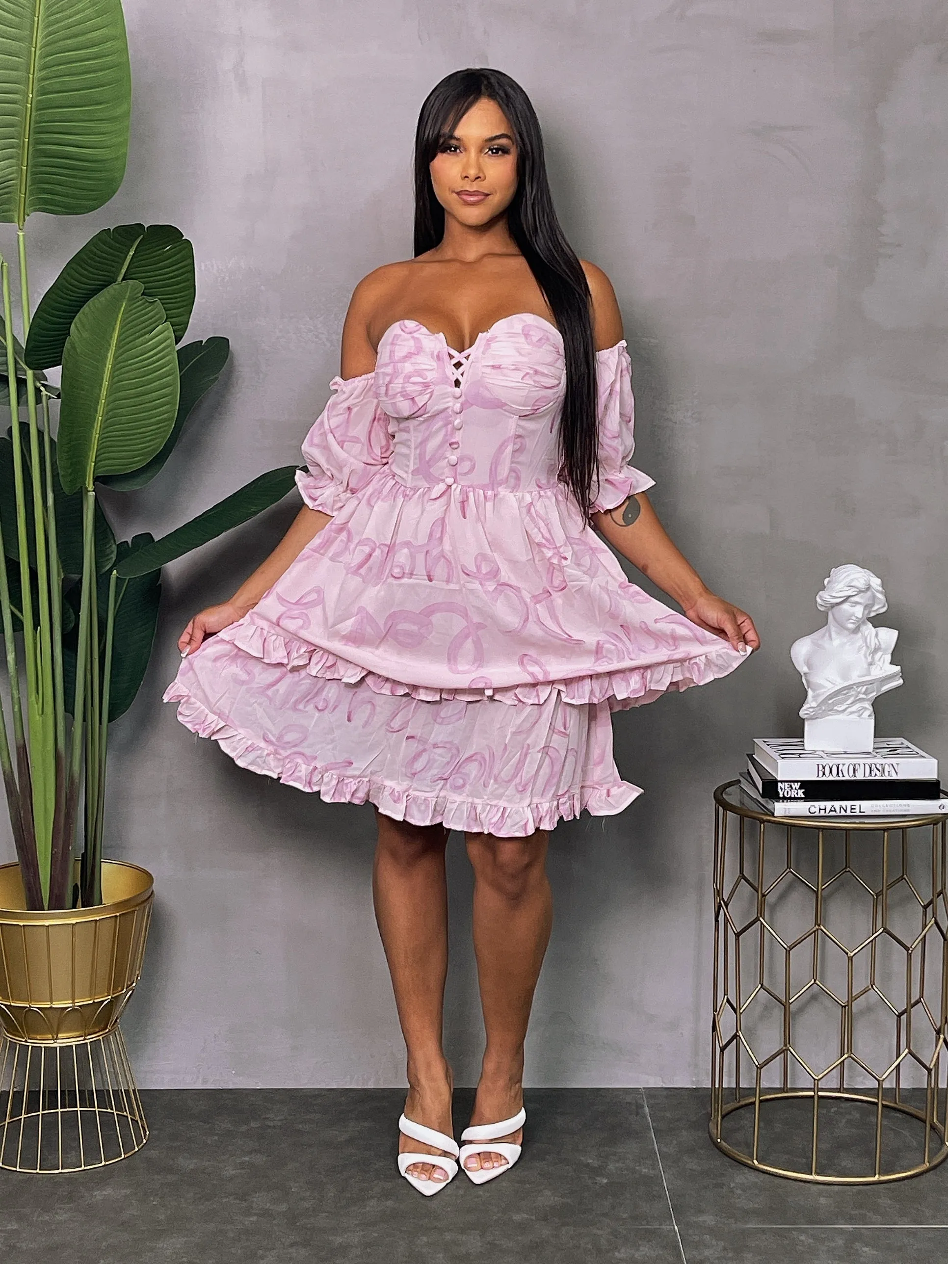 MM23078P - Off Shoulder Frill Dress