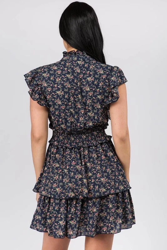 Mock Neck Ruffle Mini Dress With Floral Print