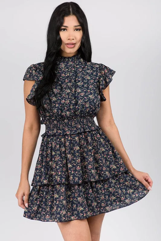 Mock Neck Ruffle Mini Dress With Floral Print