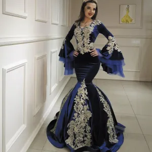 modest evening dresses 2020 flare sleeve mermaid navy blue lace applique arabic evening gown 2021