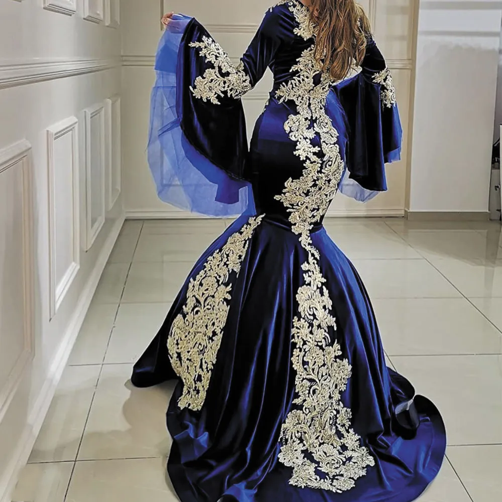 modest evening dresses 2020 flare sleeve mermaid navy blue lace applique arabic evening gown 2021