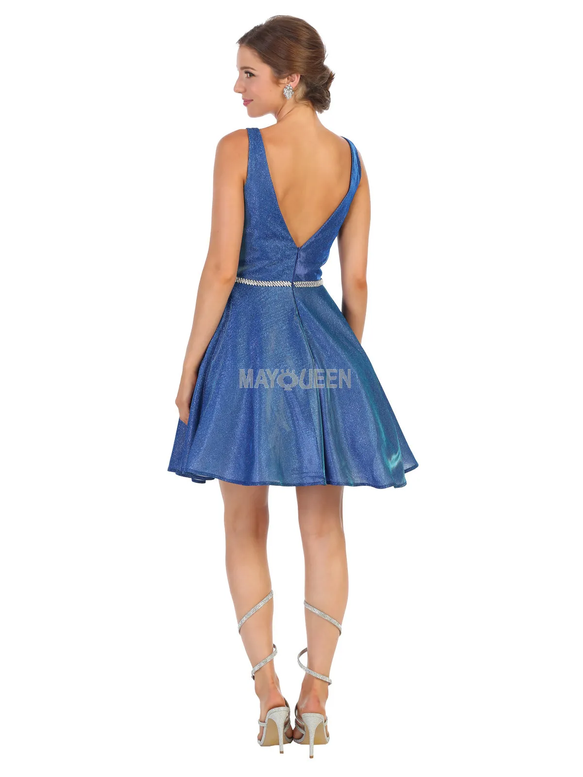MQ 1777 - Metallic Tank Style A-Line Homecoming Dress with Beaded Belt & Pockets