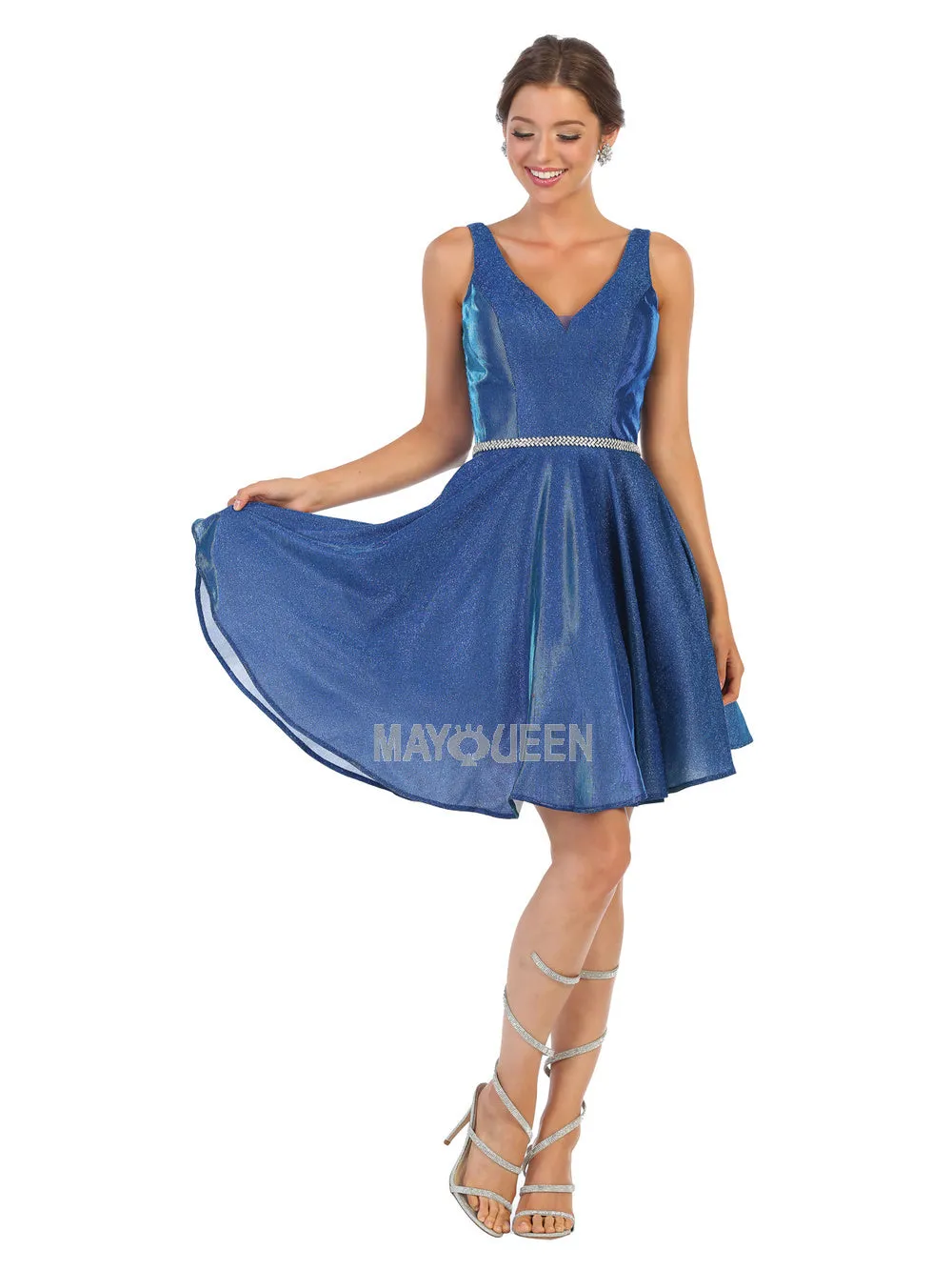 MQ 1777 - Metallic Tank Style A-Line Homecoming Dress with Beaded Belt & Pockets