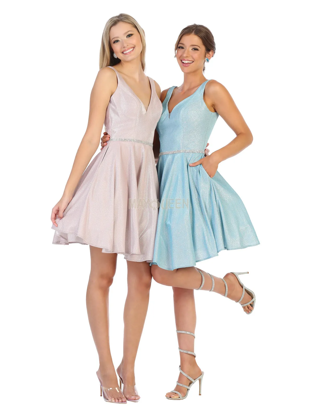 MQ 1777 - Metallic Tank Style A-Line Homecoming Dress with Beaded Belt & Pockets