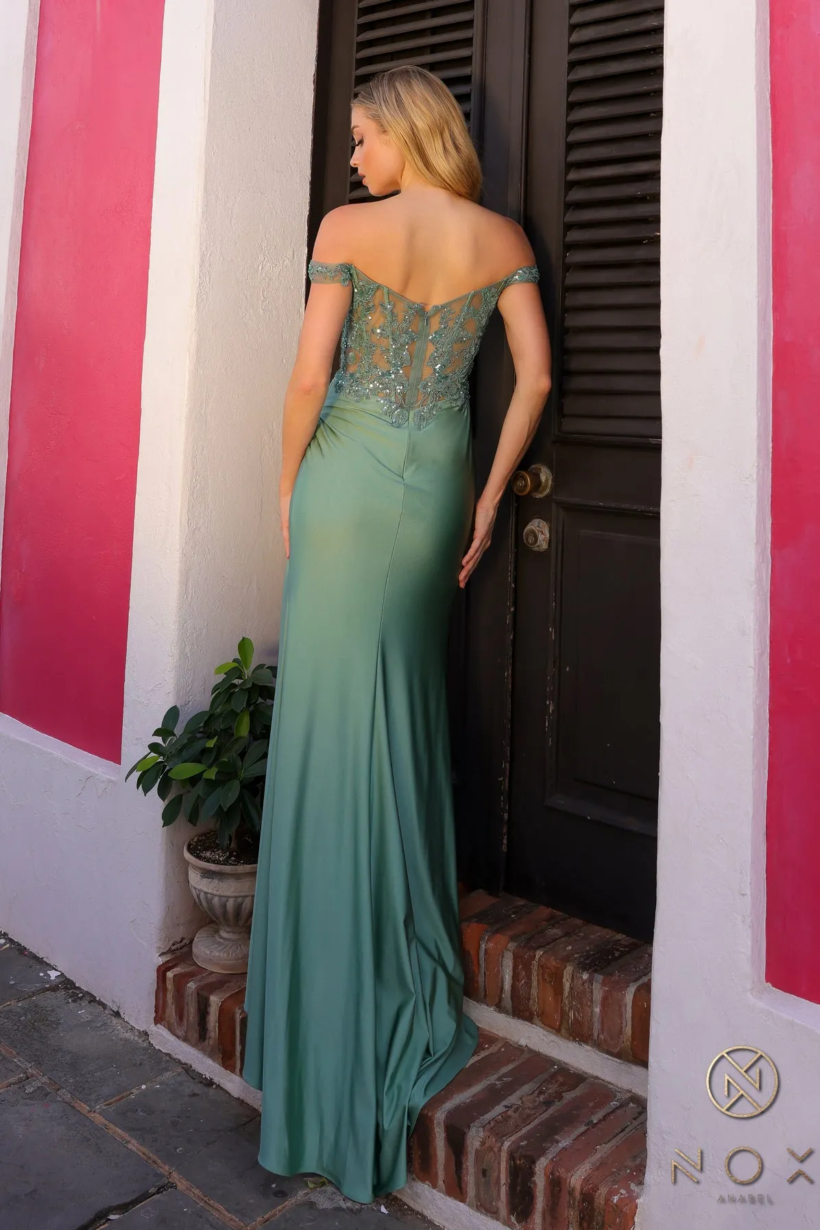 N A1373 -Off the Shoulder Stretch Satin Fit & Flare Prom Gown with Sheer Beaded Boned Bodice & Leg Slit
