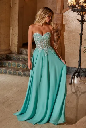 N C1617 - Flowy Chiffon Strapless A-Line Prom Gown with Sheer Beaded Boned Bodice & Open Lace Up Back