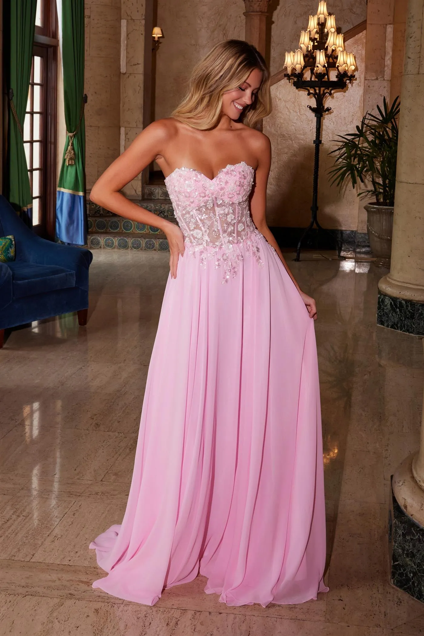 N C1617 - Flowy Chiffon Strapless A-Line Prom Gown with Sheer Beaded Boned Bodice & Open Lace Up Back