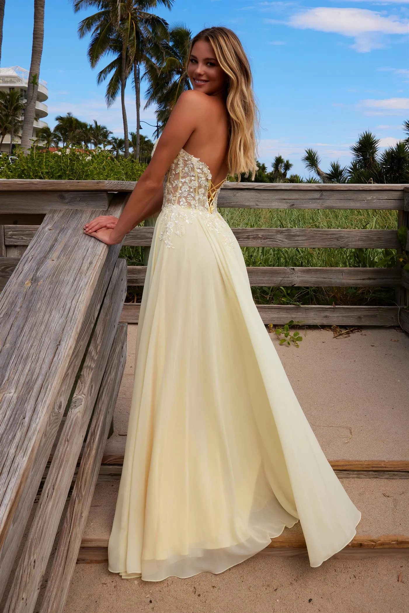 N C1617 - Flowy Chiffon Strapless A-Line Prom Gown with Sheer Beaded Boned Bodice & Open Lace Up Back