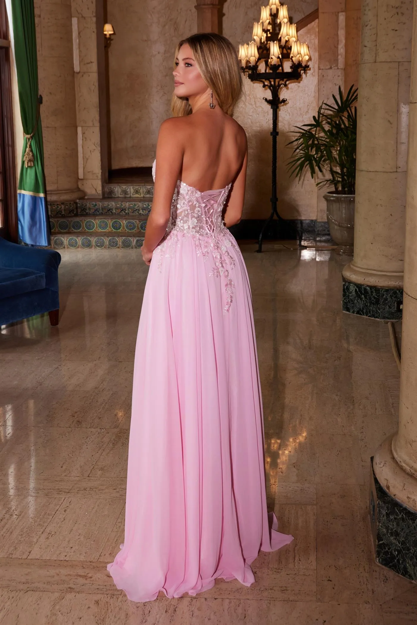 N C1617 - Flowy Chiffon Strapless A-Line Prom Gown with Sheer Beaded Boned Bodice & Open Lace Up Back