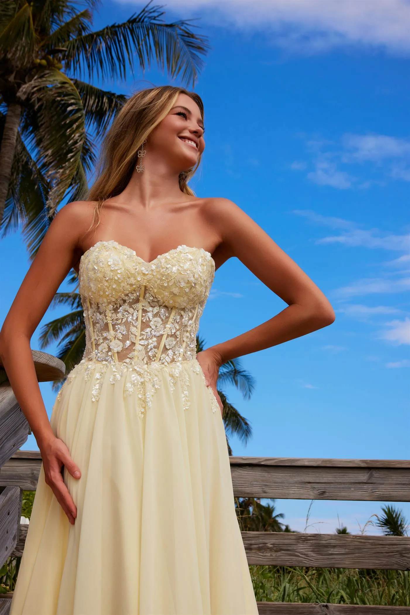 N C1617 - Flowy Chiffon Strapless A-Line Prom Gown with Sheer Beaded Boned Bodice & Open Lace Up Back