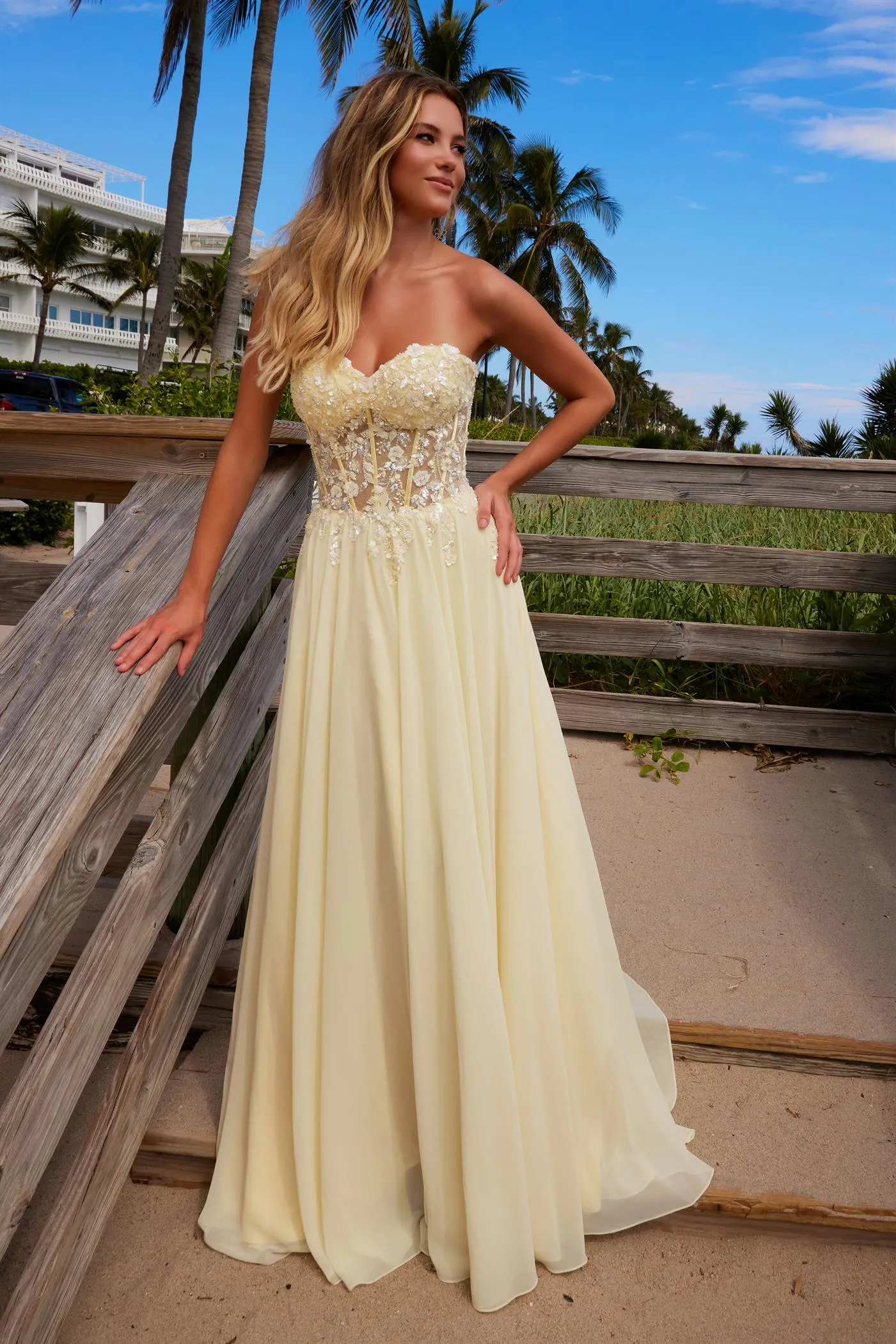 N C1617 - Flowy Chiffon Strapless A-Line Prom Gown with Sheer Beaded Boned Bodice & Open Lace Up Back
