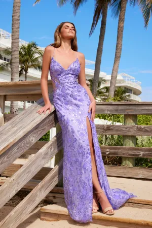 N E1710 - Beaded Floral Appliqued Fit & Flare Prom Gown with V-Neck Sheer Cut Out Sides & Open Lace Up Back