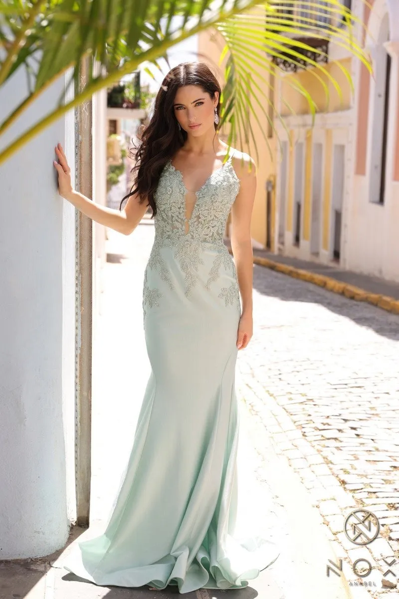 N G1364 - Stretch Shimmer Satin Fit & Flare Prom Gown with Beaded Lace Detailed Bodice & Lace Up Corset Back