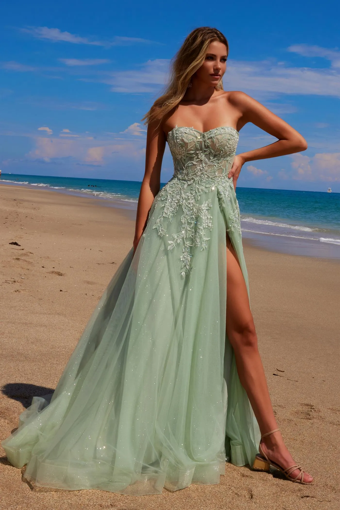 N G1371 - Strapless Shimmer Tulle A-Line Prom Gown with Sheer Beaded Lace Appliqued Bodice & Leg Slit