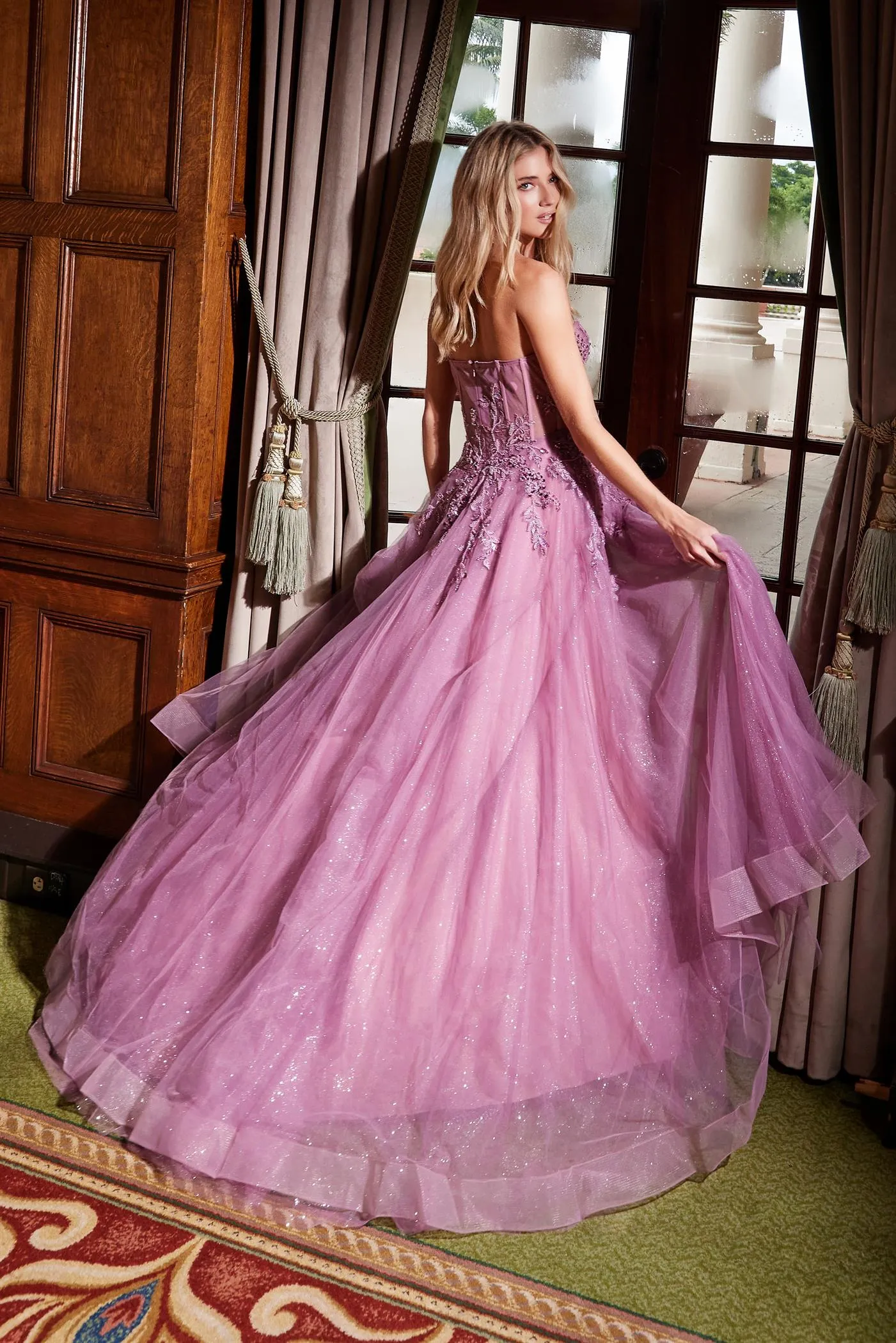 N G1371 - Strapless Shimmer Tulle A-Line Prom Gown with Sheer Beaded Lace Appliqued Bodice & Leg Slit