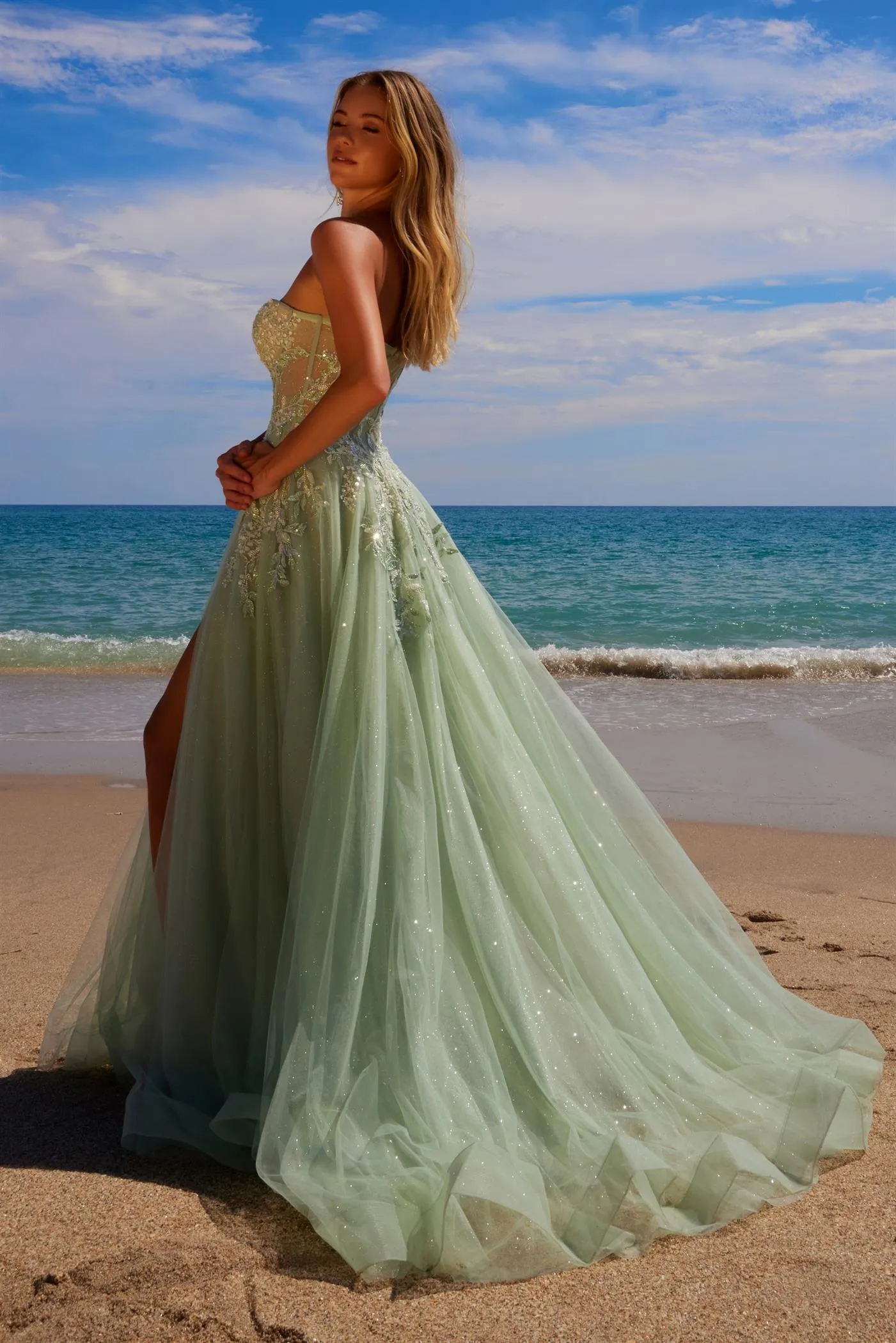 N G1371 - Strapless Shimmer Tulle A-Line Prom Gown with Sheer Beaded Lace Appliqued Bodice & Leg Slit