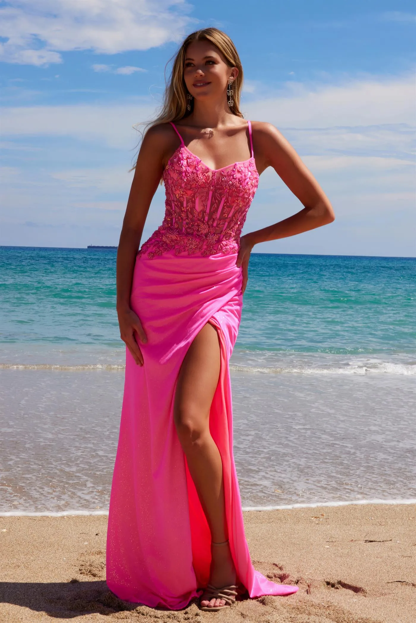 N H1670 - Stretch Shimmer Satin Fit & Flare Prom Gown with Sheer Beaded Appliqued Bodice Leg Slit & Open Lace Up Back