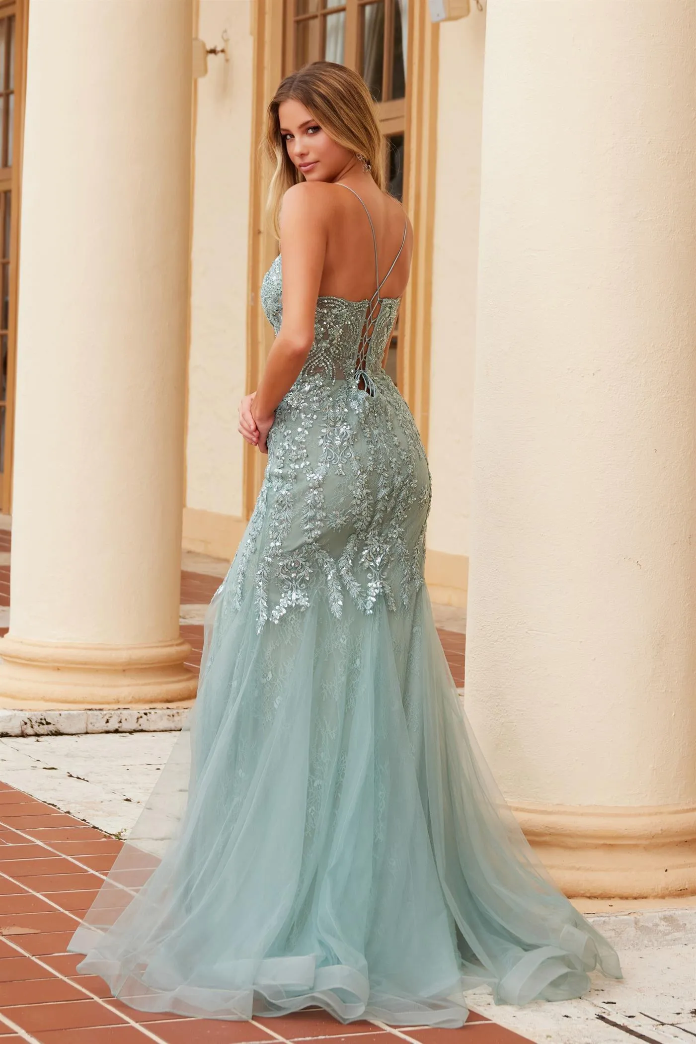 N R1717 - Sequined Lace Appliqued Fit & Flare Prom Gown with V-Neck Open Lace Up Back & Leg Slit