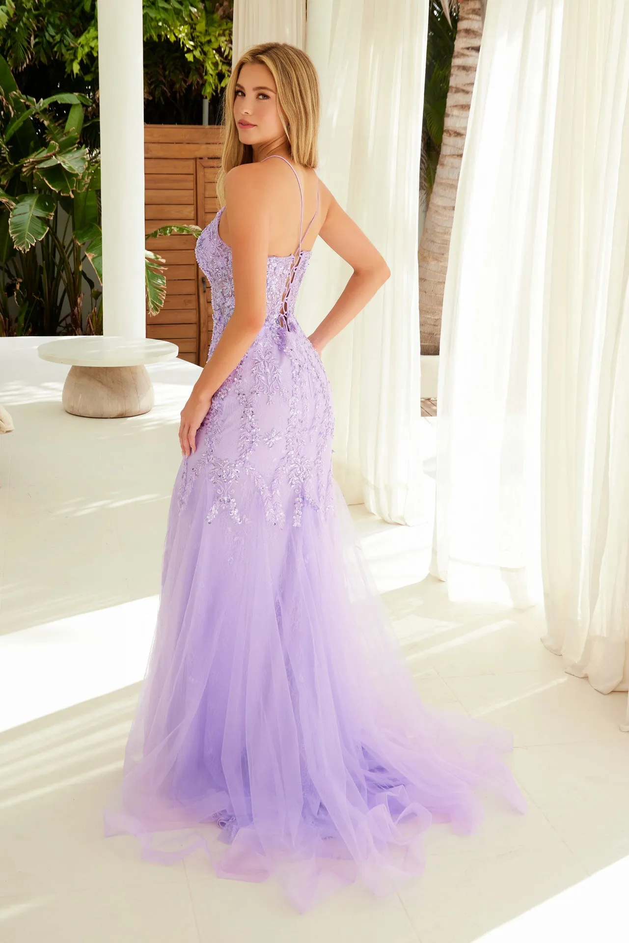N R1717 - Sequined Lace Appliqued Fit & Flare Prom Gown with V-Neck Open Lace Up Back & Leg Slit