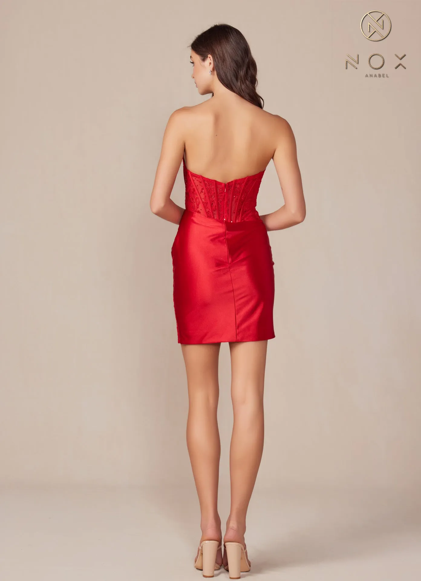 N T870 - Short Strapless Stretch Satin Fitted Homecoming Dress with Sheer Bead Embellished Boned Bodice & Leg Slit