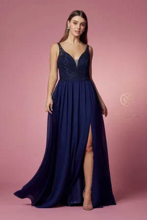 N Y299 - A-Line Prom Gown with Beaded Lace Bodice Leg Slit & Flowy Chiffon Skirt
