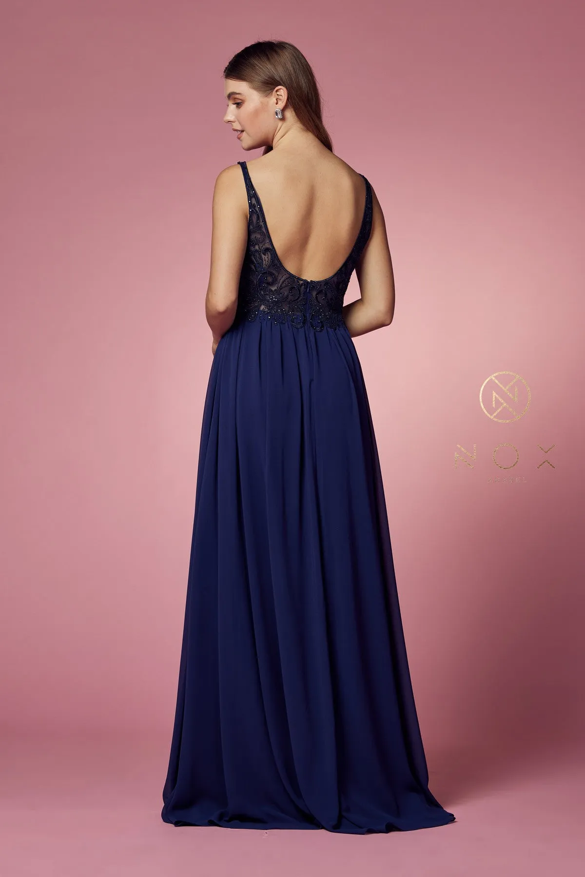 N Y299 - A-Line Prom Gown with Beaded Lace Bodice Leg Slit & Flowy Chiffon Skirt