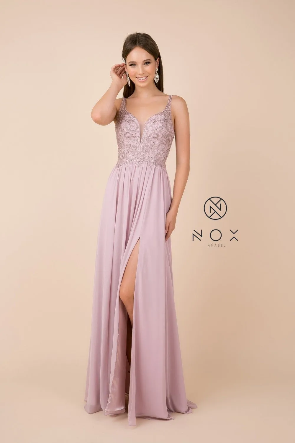 N Y299 - A-Line Prom Gown with Beaded Lace Bodice Leg Slit & Flowy Chiffon Skirt