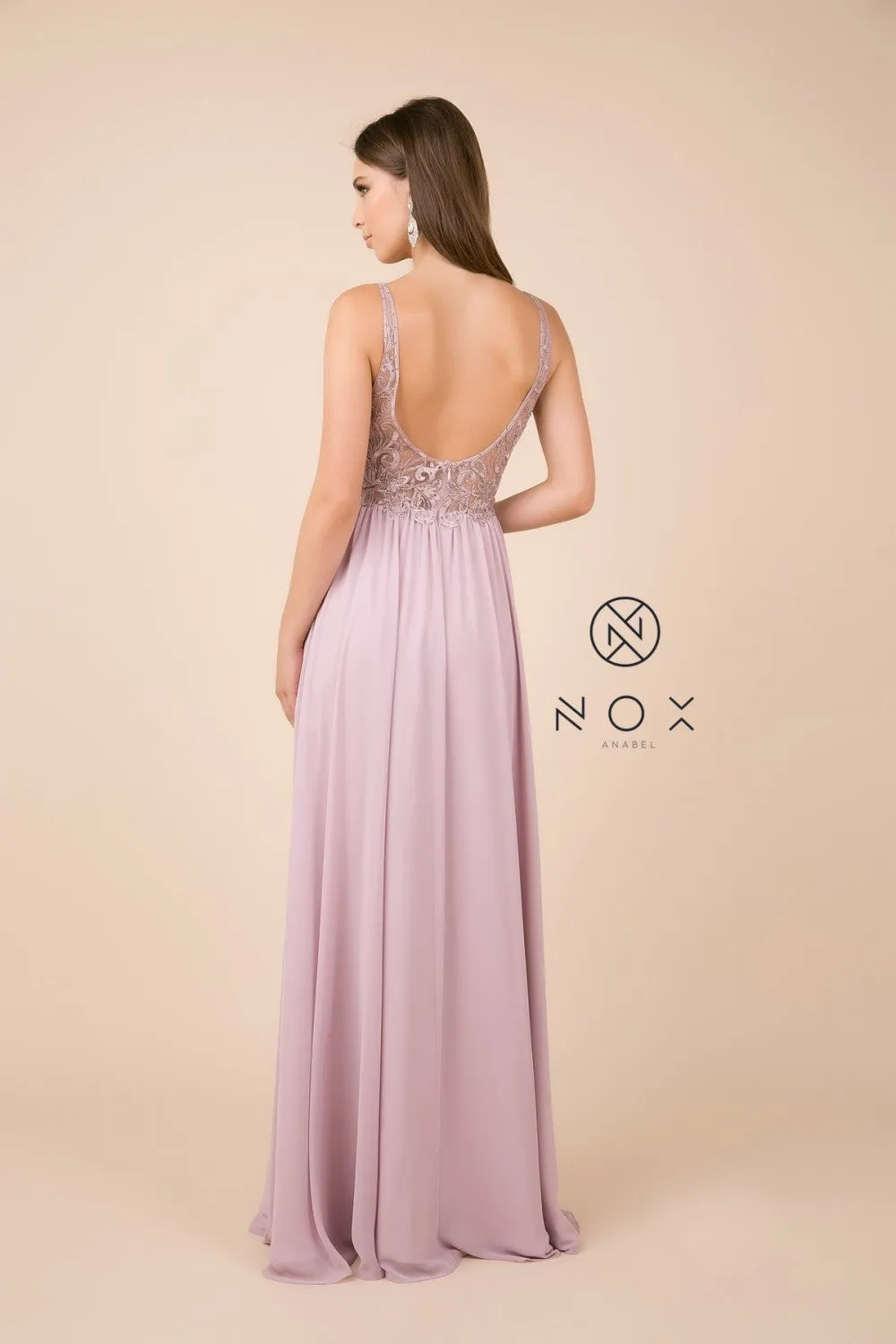N Y299 - A-Line Prom Gown with Beaded Lace Bodice Leg Slit & Flowy Chiffon Skirt