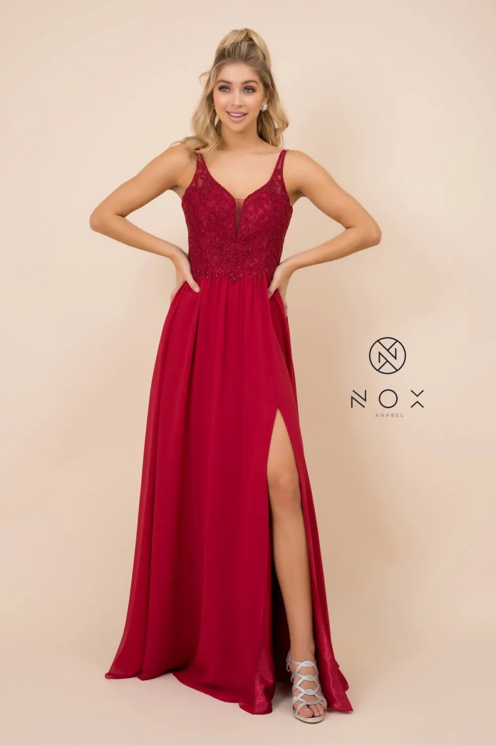 N Y299 - A-Line Prom Gown with Beaded Lace Bodice Leg Slit & Flowy Chiffon Skirt