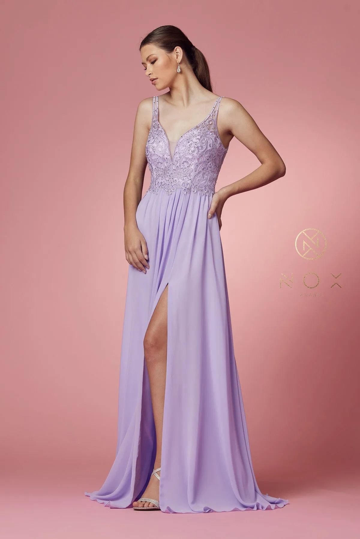 N Y299 - A-Line Prom Gown with Beaded Lace Bodice Leg Slit & Flowy Chiffon Skirt